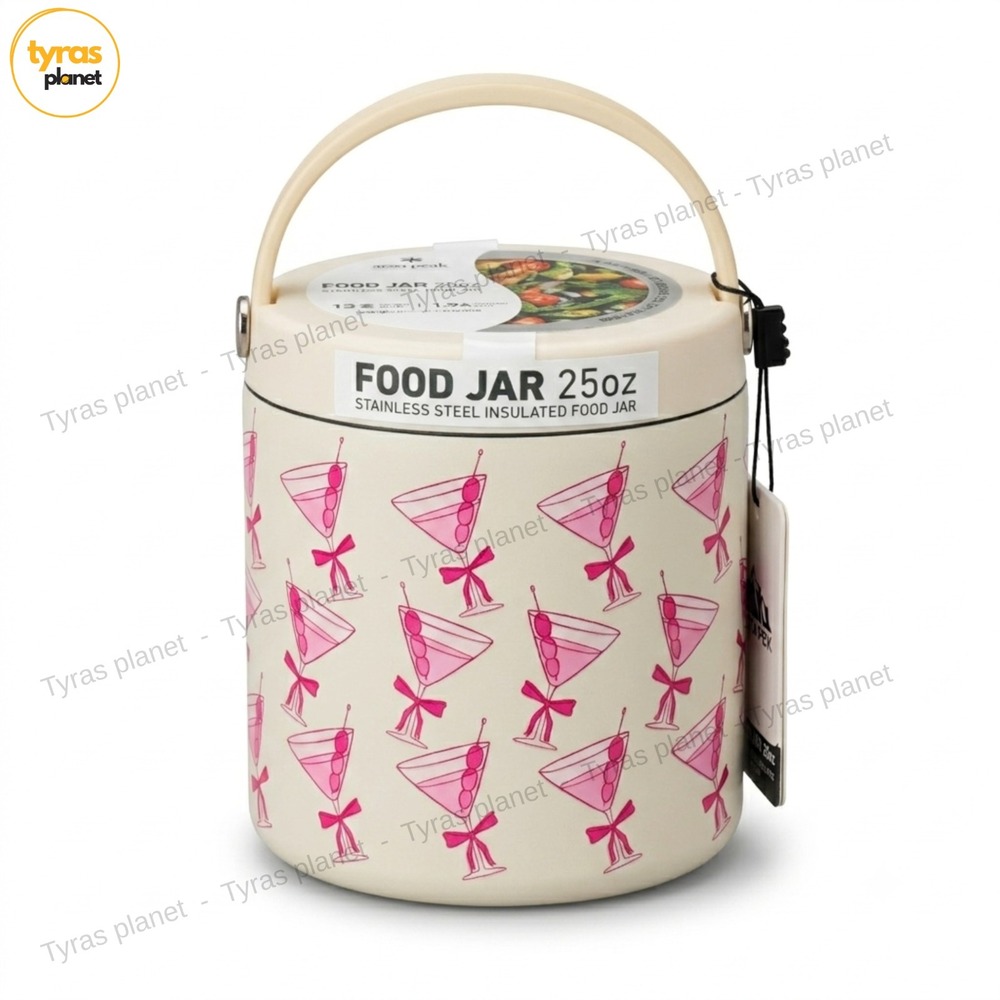 HydraPeak Food Insulated Jar Thermos 25 Oz Pink Martini Bow Cute Stainless Steel